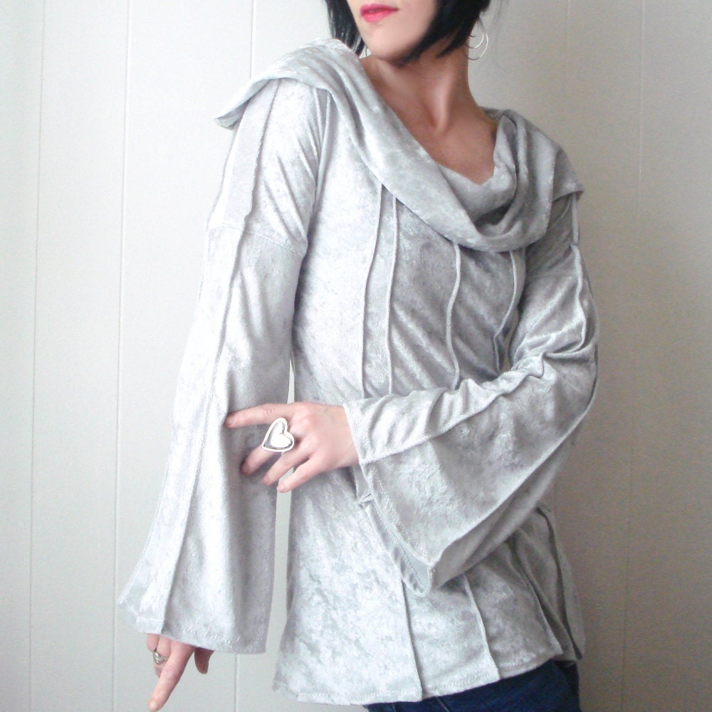 Velvet Snow  - iheartfink Handmade Womens Solid Silver Velvet Long Sleeve Cowl Neck Top