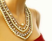 Statement Rhinestone Necklace with Pearls, Bridal Crystal Pearl Necklace, Wedding Jewelry