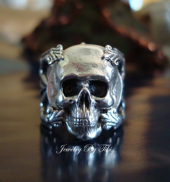 Jewelry, Human Skull Ring, Quality Sterling Silver Finish, Adjustable, Metal Bonded NOT GLUED, Vintage Ox