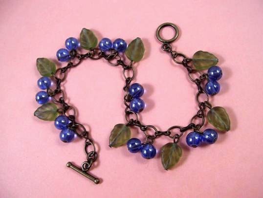 BLUE Berry Charm Bracelet, Wild Blueberry and Brass Beaded Bracelet, FREE Shipping U.S.