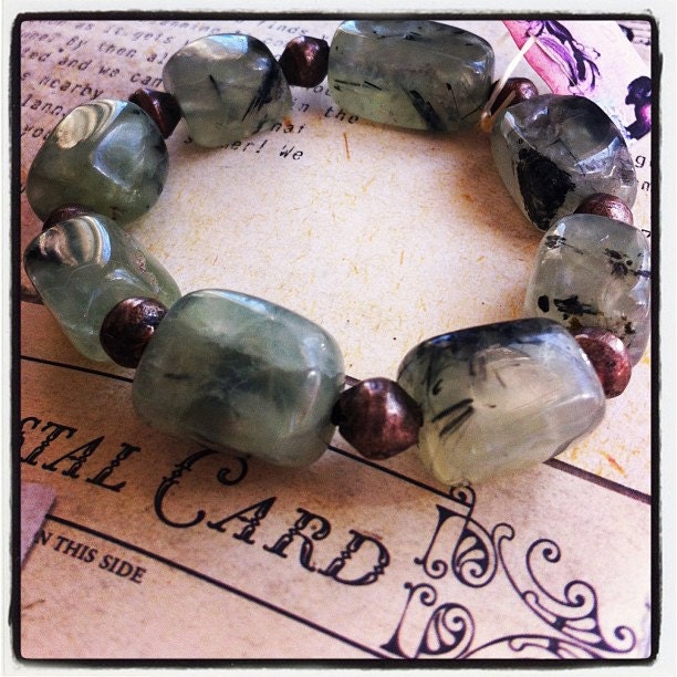 Gemstone Stack Bracelet - Rutilated Moss Quartz Large Bead and African Bronze - Terrarium