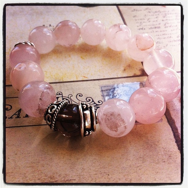 Gemstone Stack Bracelet - Rose and Smoky Quartz Large Bead in Sterling Silver- I Heart You