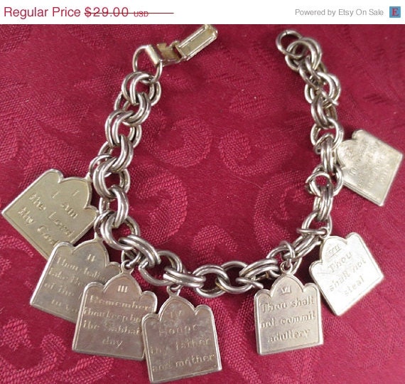 ON SALE Vintage Silvertone Ten Commandments Charm Bracelet
