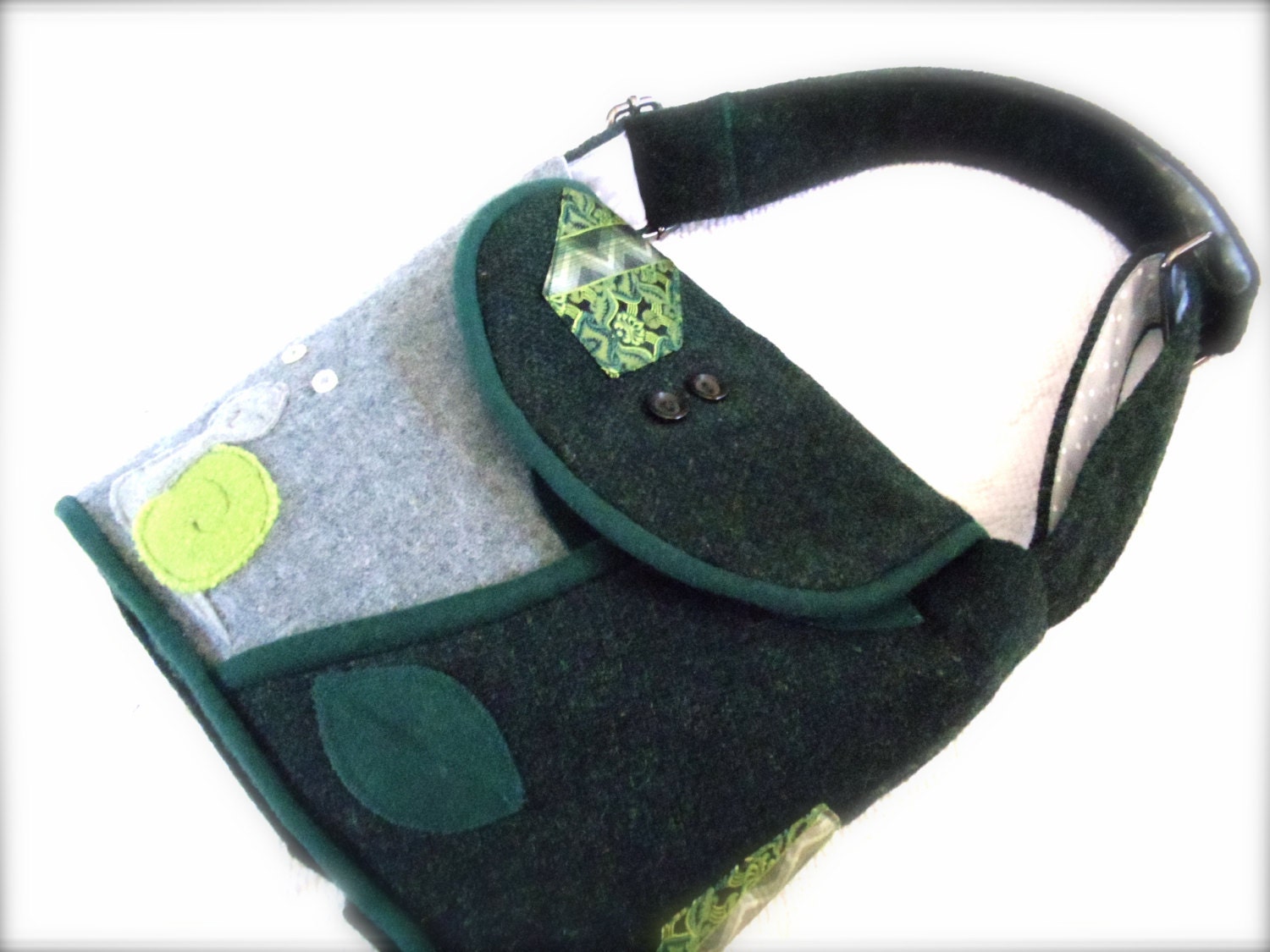Suit and Tie Blazer shoulder Bag with Lil Slimy Snail applique in greens & greys