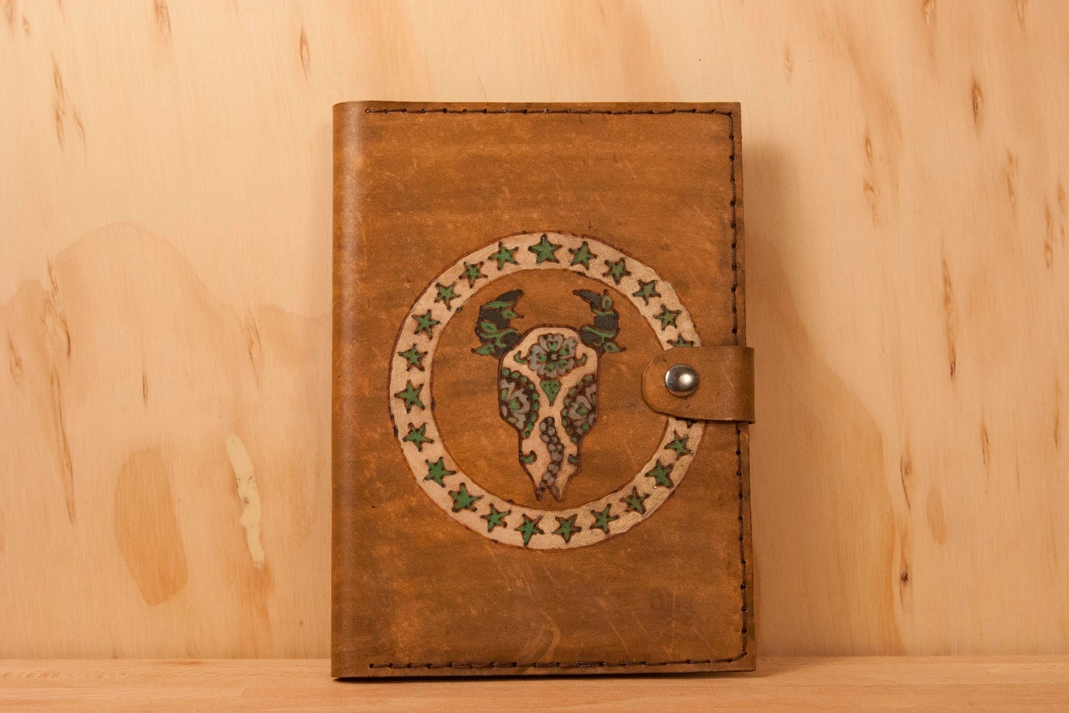 Leather Kindle Fire HD Case - Star Nellie in green, blue, white, and antique brown - Cow Skull