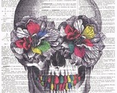 Fathers day.Skull Gift , French,Colourful/ Vintage. flowers.Antique Book Page Print, buy 3 get 1 free.deco.steampunk.hipster.birthday.