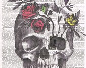 Rose.Skull,flowers.skeleton head.Colour.Antique French Book Page Print.Birthday. Gift,buy 3 get 1 free,home deco, wall.mom.fathers day