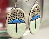 Rainy Day Umbrella Ceramic Earrings in Two Tone Crackle