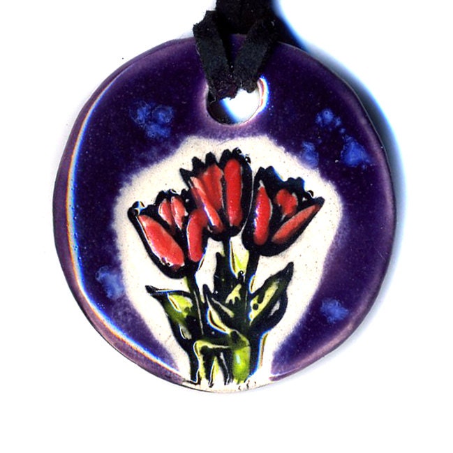 Tulips or Posies Ceramic Necklace in Purple