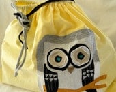 Owl Bag for Teachers Toys Baby Handmade 100% upcycled from tShirt material BIG One of a Kind Double Drawstring