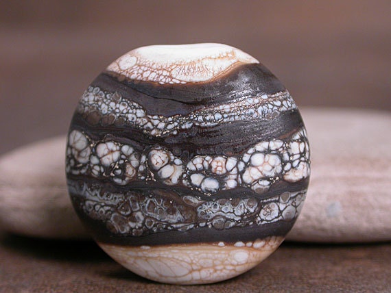 Etched Lampwork Glass Focal Bead Spree Lentil Chocolate Brown Silvered Ivory Divine Spark Designs SRA LETeam