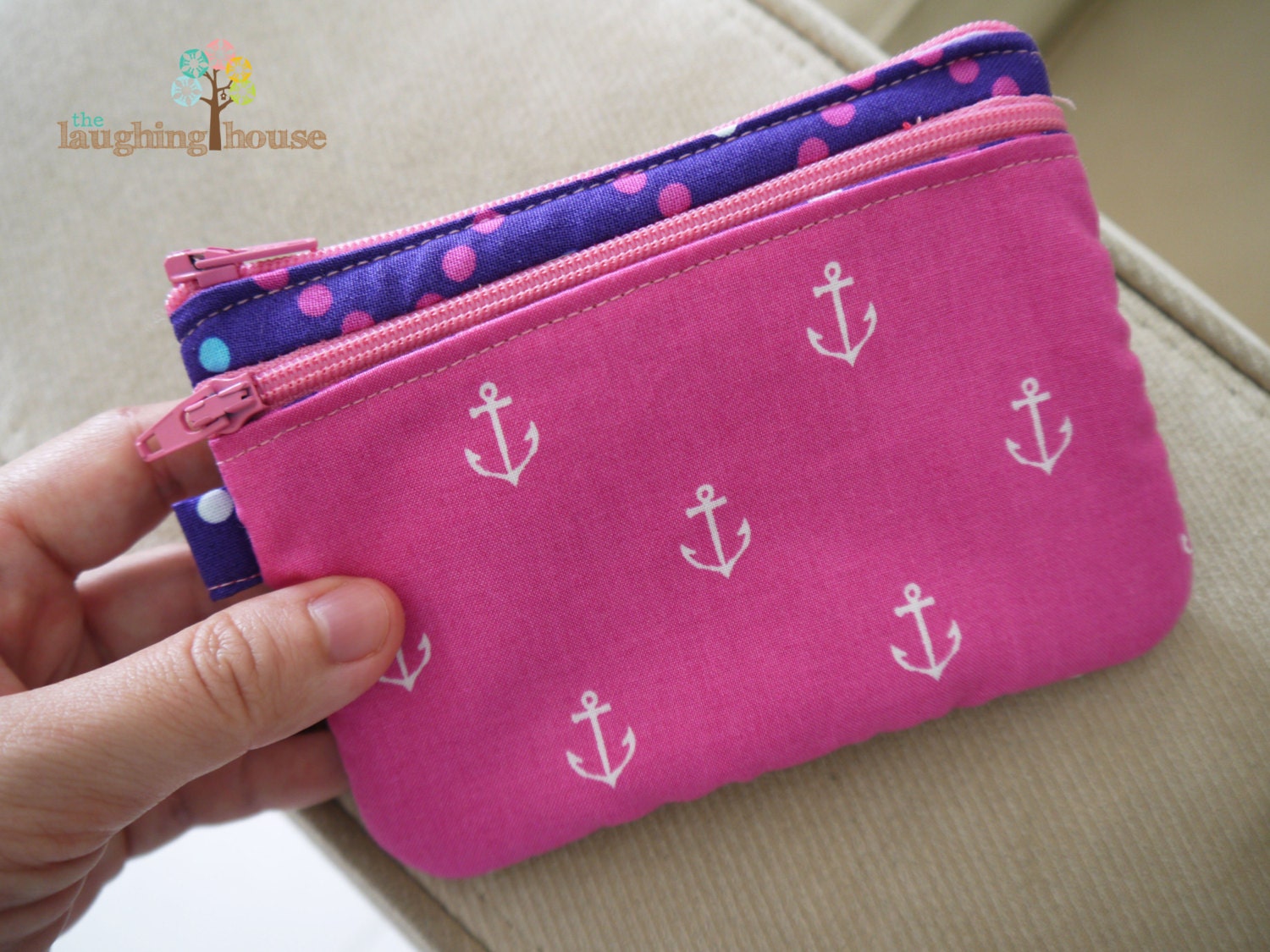Double Zip Mini Purse (Anchors in Raspberry & Zigzag Dots in Purple)