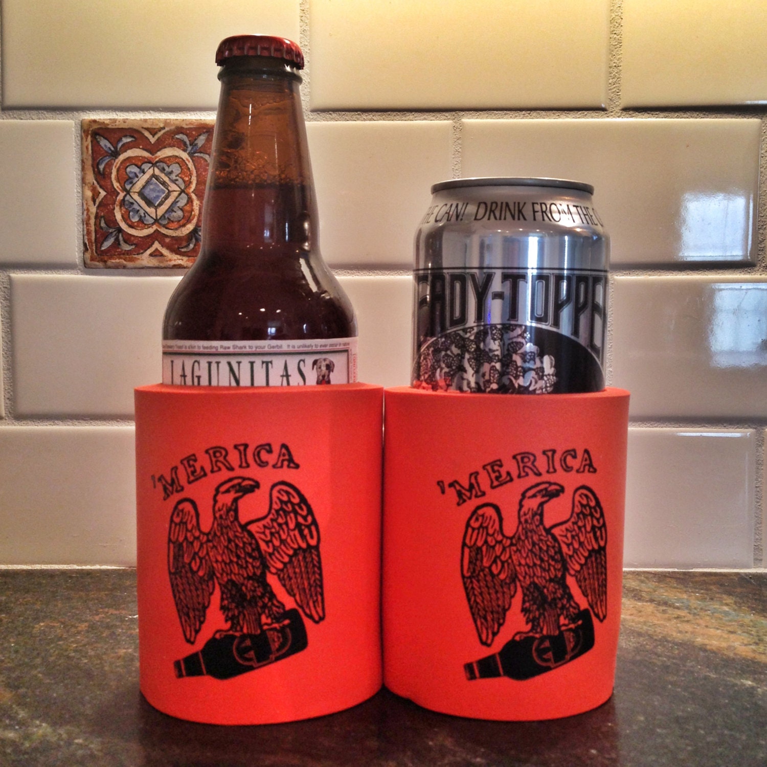 MERICA- Hand-printed Beer Coozie