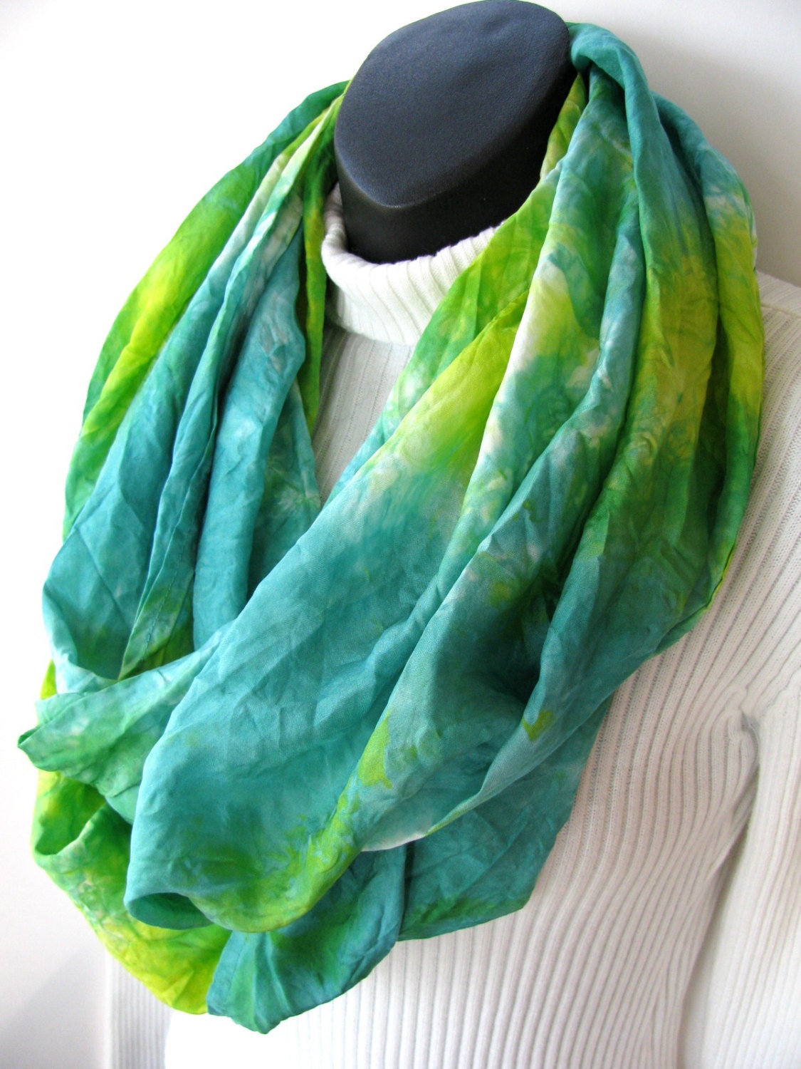 Celadon Green and Chartreuse Green Silk Infinity Scarf-Womens Scarves-Spring Scarves-Spring Fashion