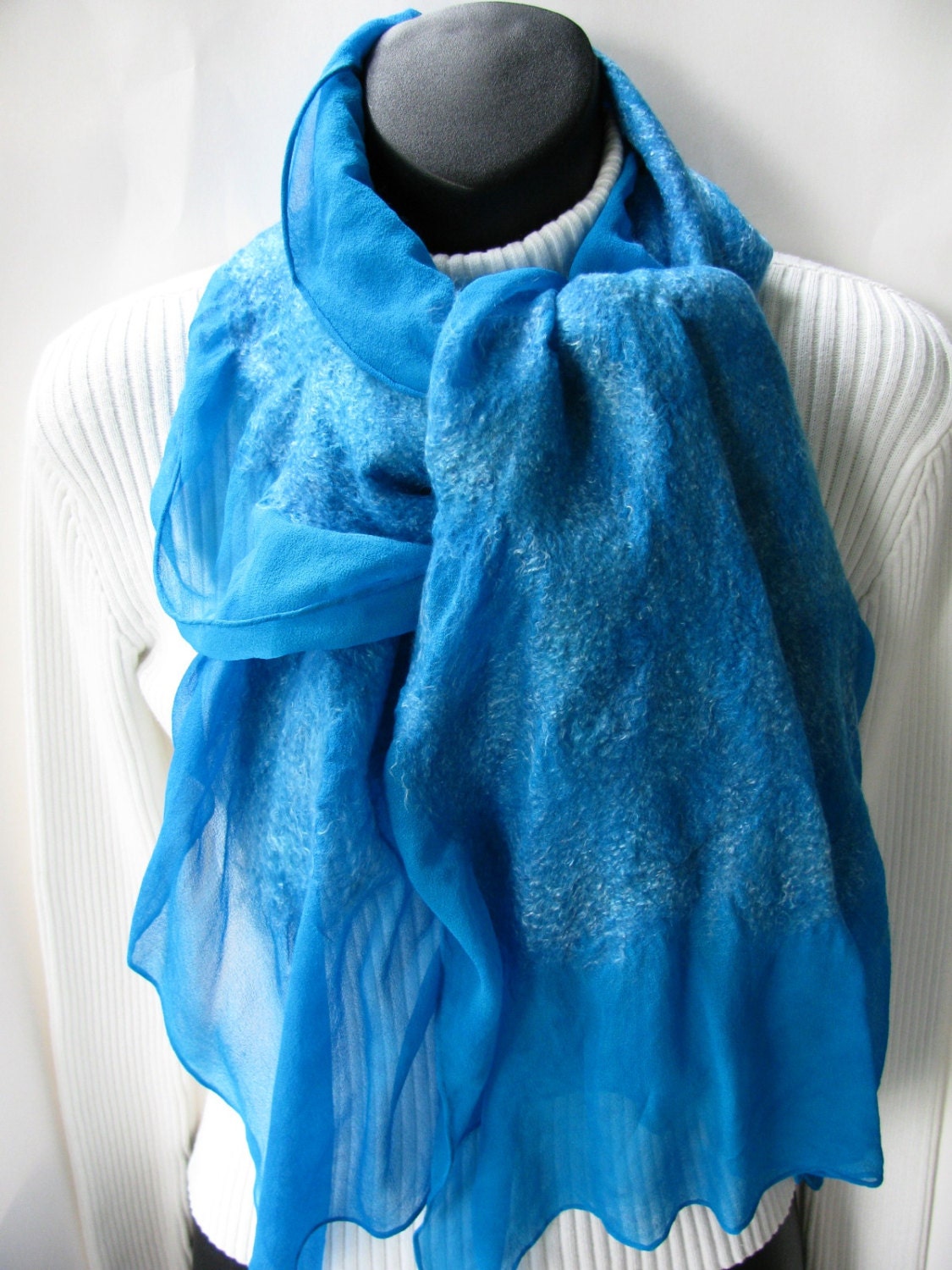 Nuno felted Scarff Carribean Blue Silk Chiffon with merino wool and tencel- womens scarves silk scarves
