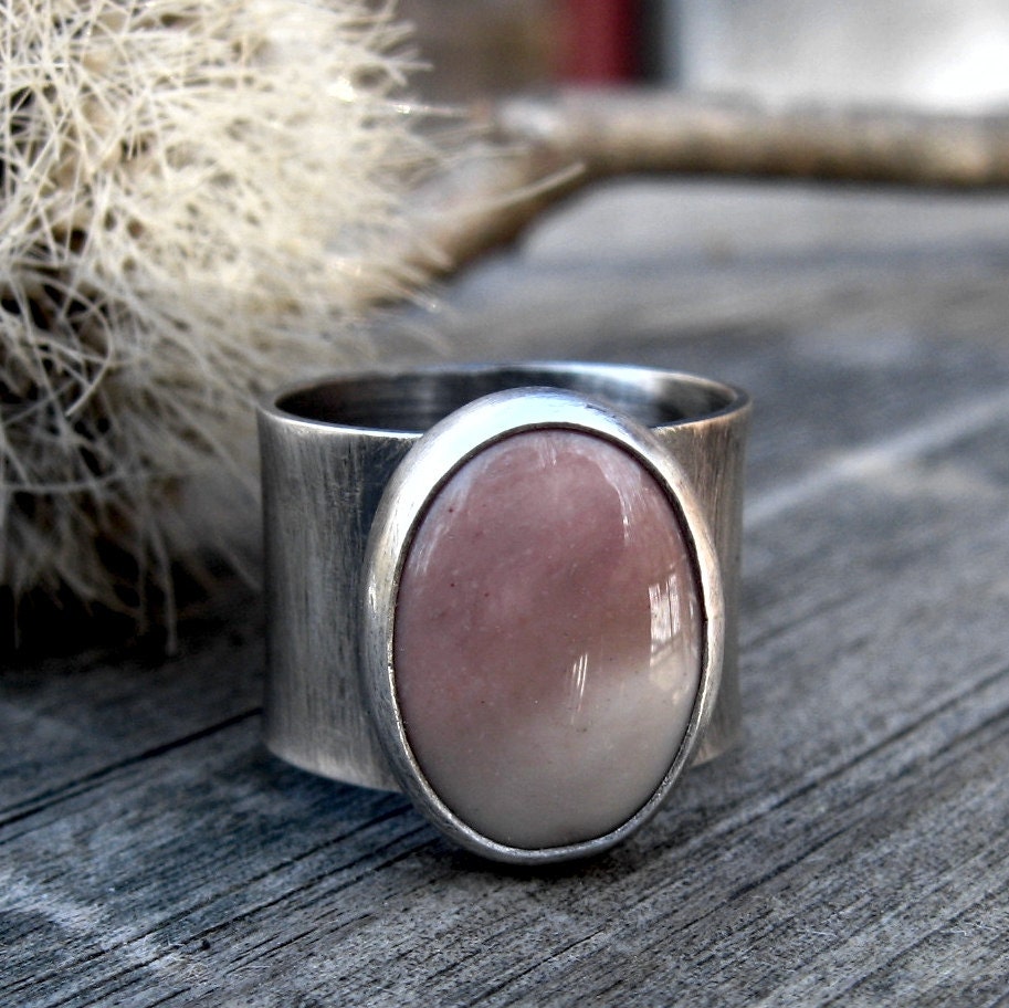 Soft blush pink mookite ring wide band flower overlay wide sterling silver ring
