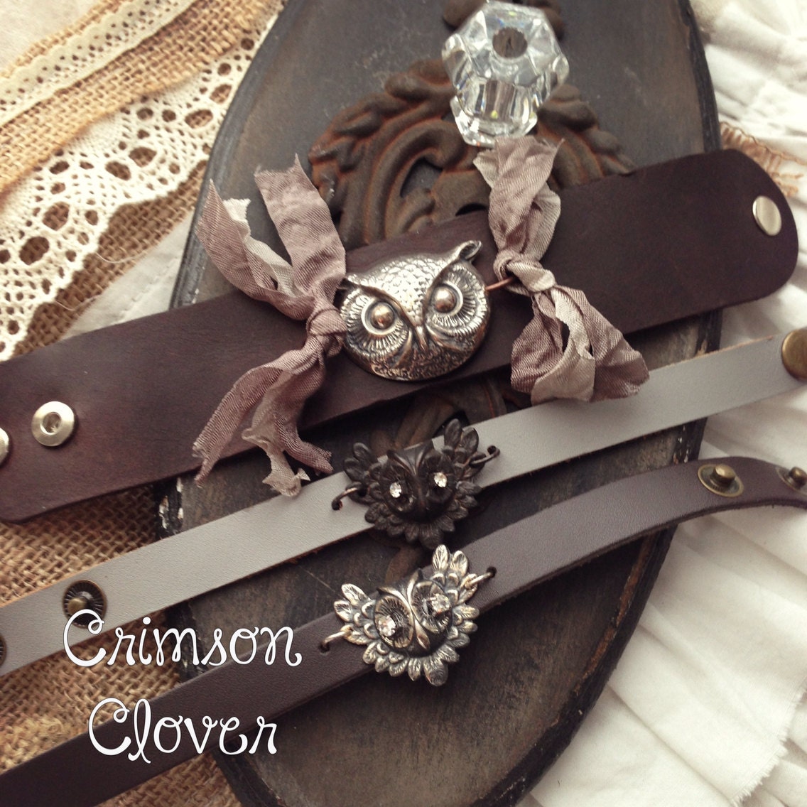 Wide Owl Leather Cuff