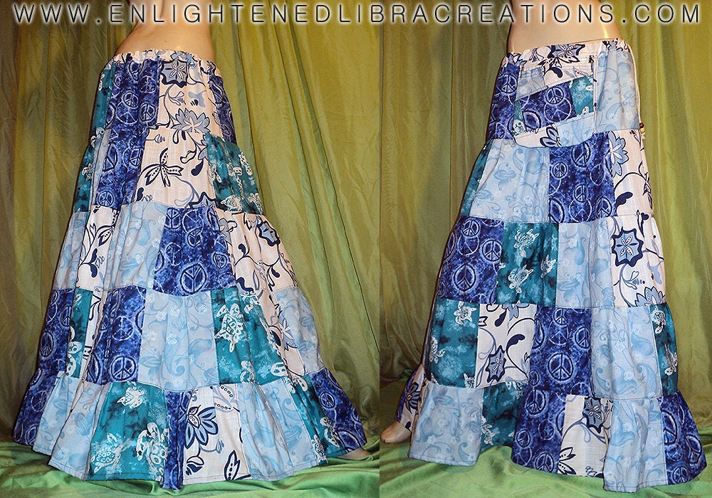 Blue Hippie Patchwork Tiered Festival Skirt  - Can Be Worn As A Dress - One of a Kind - S/M/L - Hippie Festival Skirt w Large Pocket