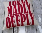 TRULY MADLY DEEPLY Cushion/pillow in natural linen, cotton & deep red wool felt Fabric.