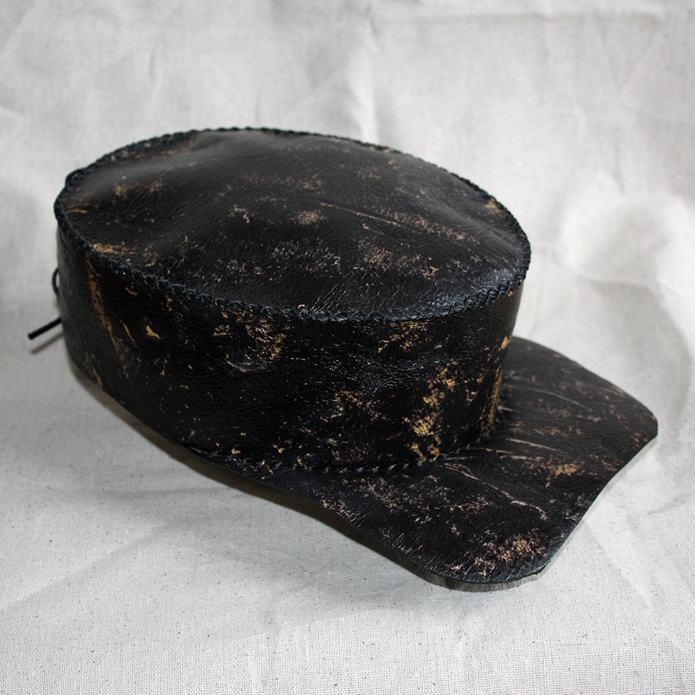 Black and Gold Leather Steampunk Military Cap