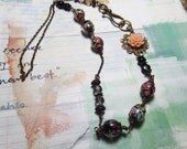 Flower Garden,  Vintage style lampwork beads, wirewrapped, handmade,  Brass  Altered Art Charm Necklace   ooak   ebsq