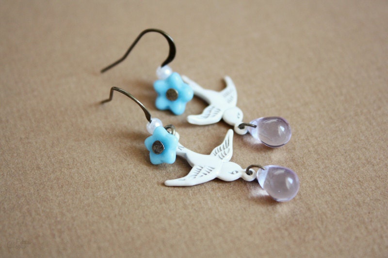 Sea Dove Earrings - white and blue bird drop earrings, shabby chic inspired jewelry