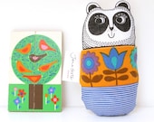 Screen printed handmade toy Panda plush with 70s folk art fabric tulips by Jane Foster