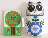 Screen printed handmade toy Panda plush with 70s Scandi Flowery vintage fabric by Jane Foster
