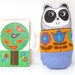 Screen printed handmade toy Panda plush with 70s folk art fabric tulips by Jane Foster
