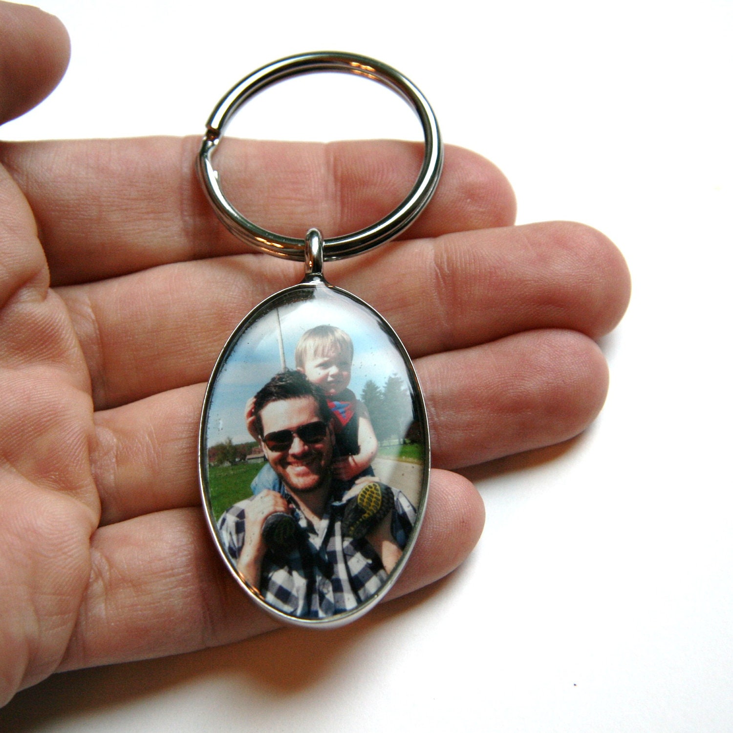 Custom Photo Key Chain - Large Oval Sturdy Metal Setting - Best Grandma, Grandpa, Dad and Mom Gift
