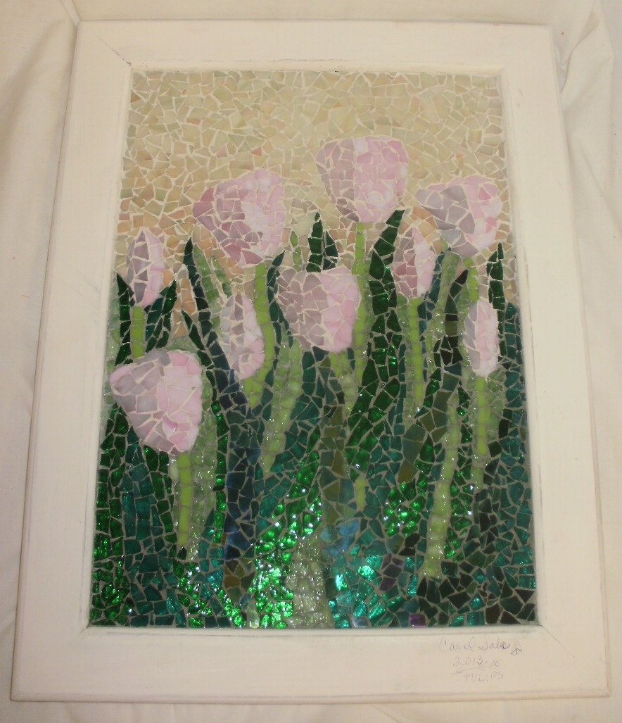 Tulips stained glass contemporary art mosaic framed portrait picture iridescent wall hanging