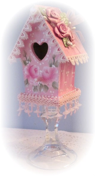 BIRDHOUSE Shabby Cottage Hand Painted Pink Polymer Clay Chic ROSES ECS sct schteam