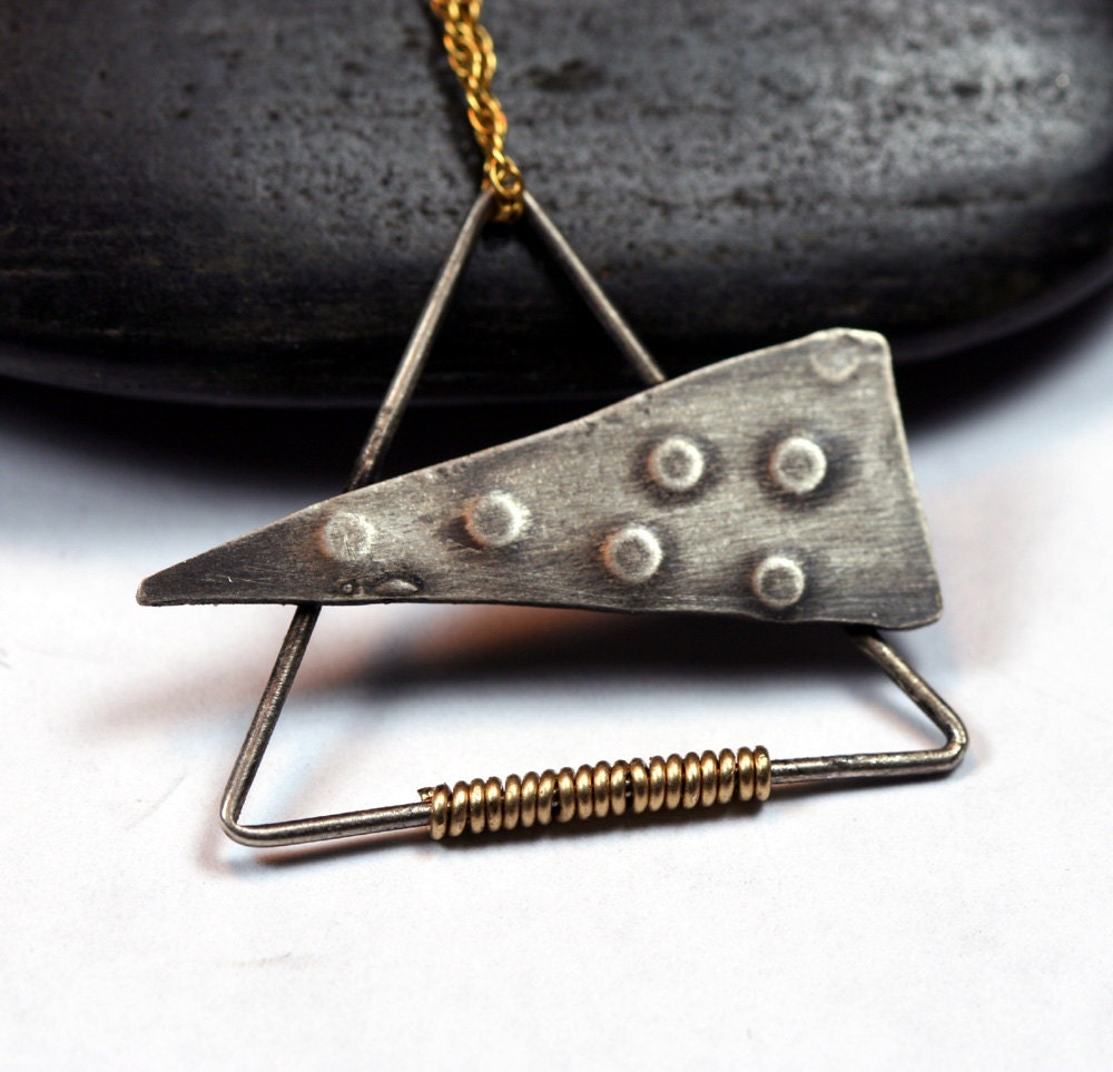 Triangle Pendant Necklace - Abstract Triangle Necklace in Oxidized Sterling Silver and Gold