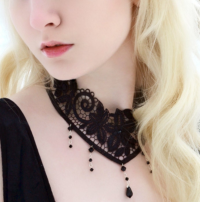 Black gothic lace choker with Swarovski crystal cascade - NOCTURNE