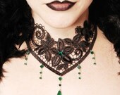 Gothic lace Victorian Steampunk choker with Emerald green Swarovski NOCTURNE