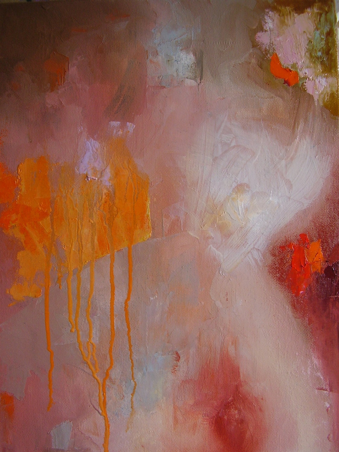 Abstract painting "Governess", fiery orange, pale pink, red, dark rose, lilac, oil on canvas, 16 x 12 inches