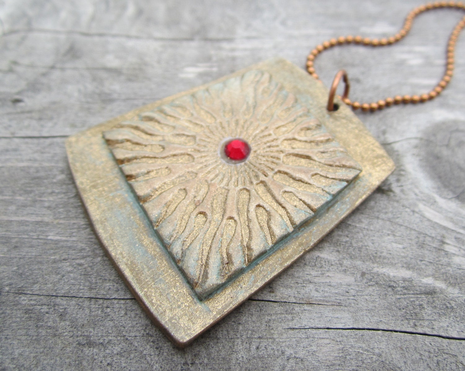 Rustic Patina Pendant. Polymer Clay Faux Metal Pendant.