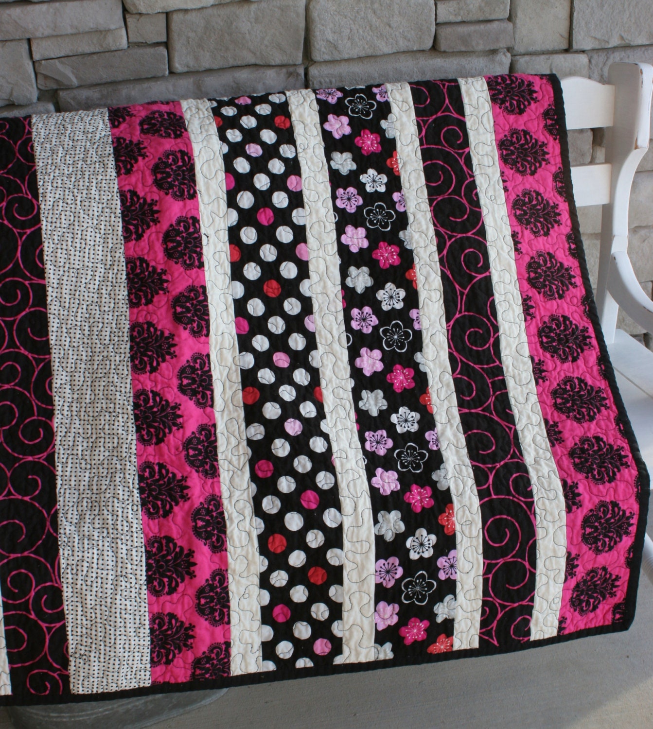 Sassy Polka Dots Baby Quilt with Ruffle in pink black and white - ooak