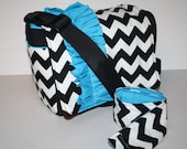 CAMERA Bag Dslr Lens Purse 5 Lens 2 Camera bodies / Strap Cover Black Chevron Turquoise Ruffle / Foam Padding