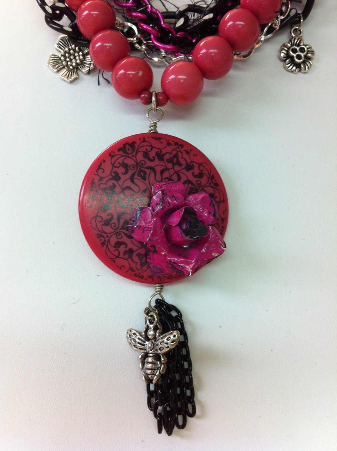 Aluminum Rose Pendant with Bee Charm on Chunky Pink & Black Necklace