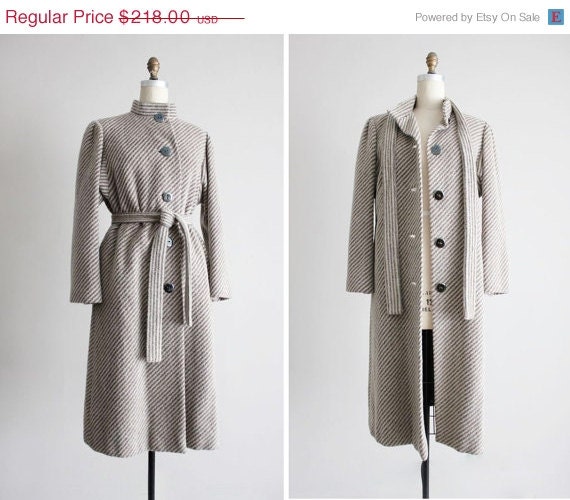 SALE 25% OFF striped wool coat / Pauline Trigère coat / belted gray coat