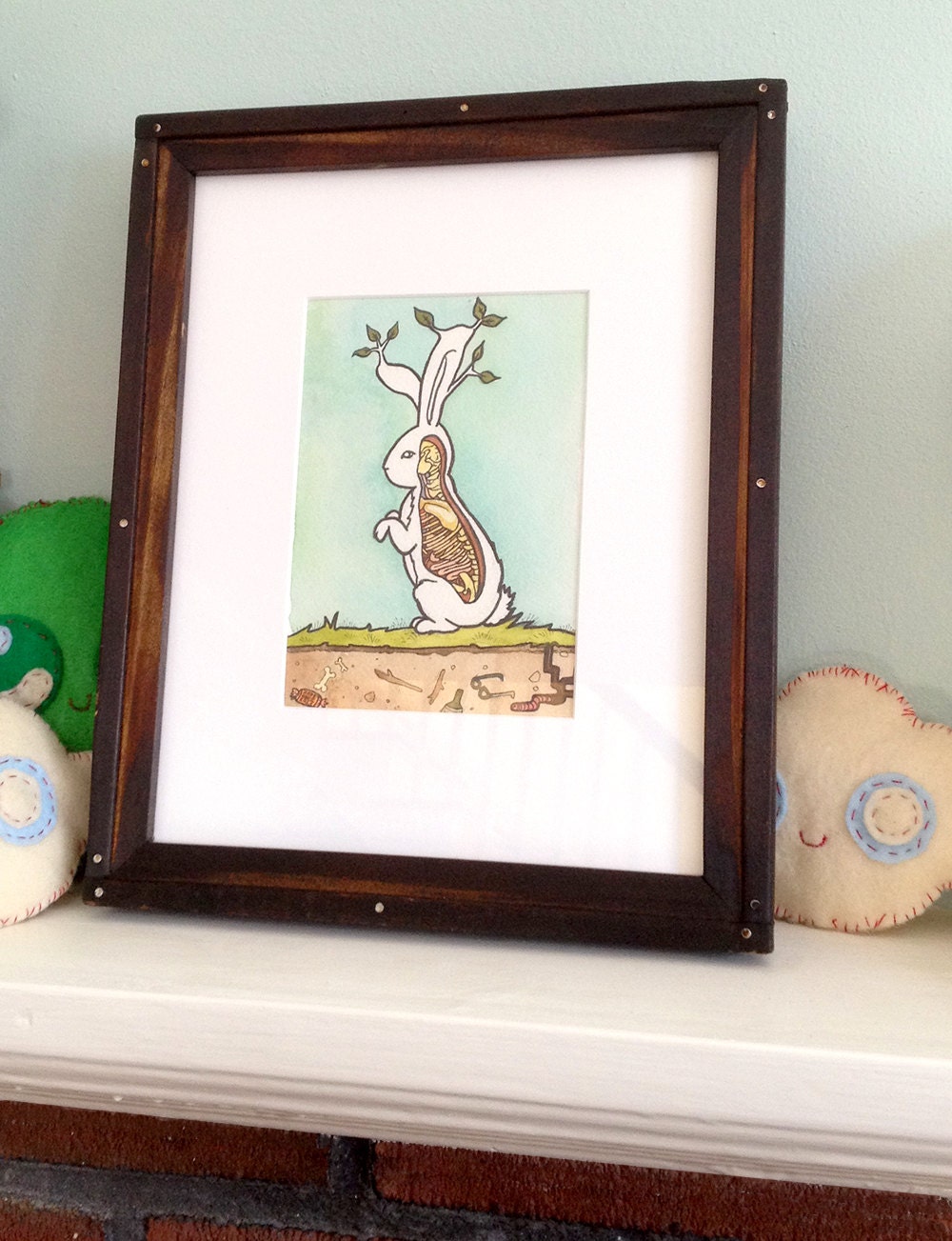 Spring Bunny Anatomical - original illustration in handmade wooden frame