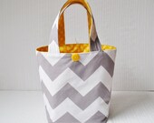 Chevron and Dots Reversible Project Bag - Medium Cotton Tote in White Gray and Yellow