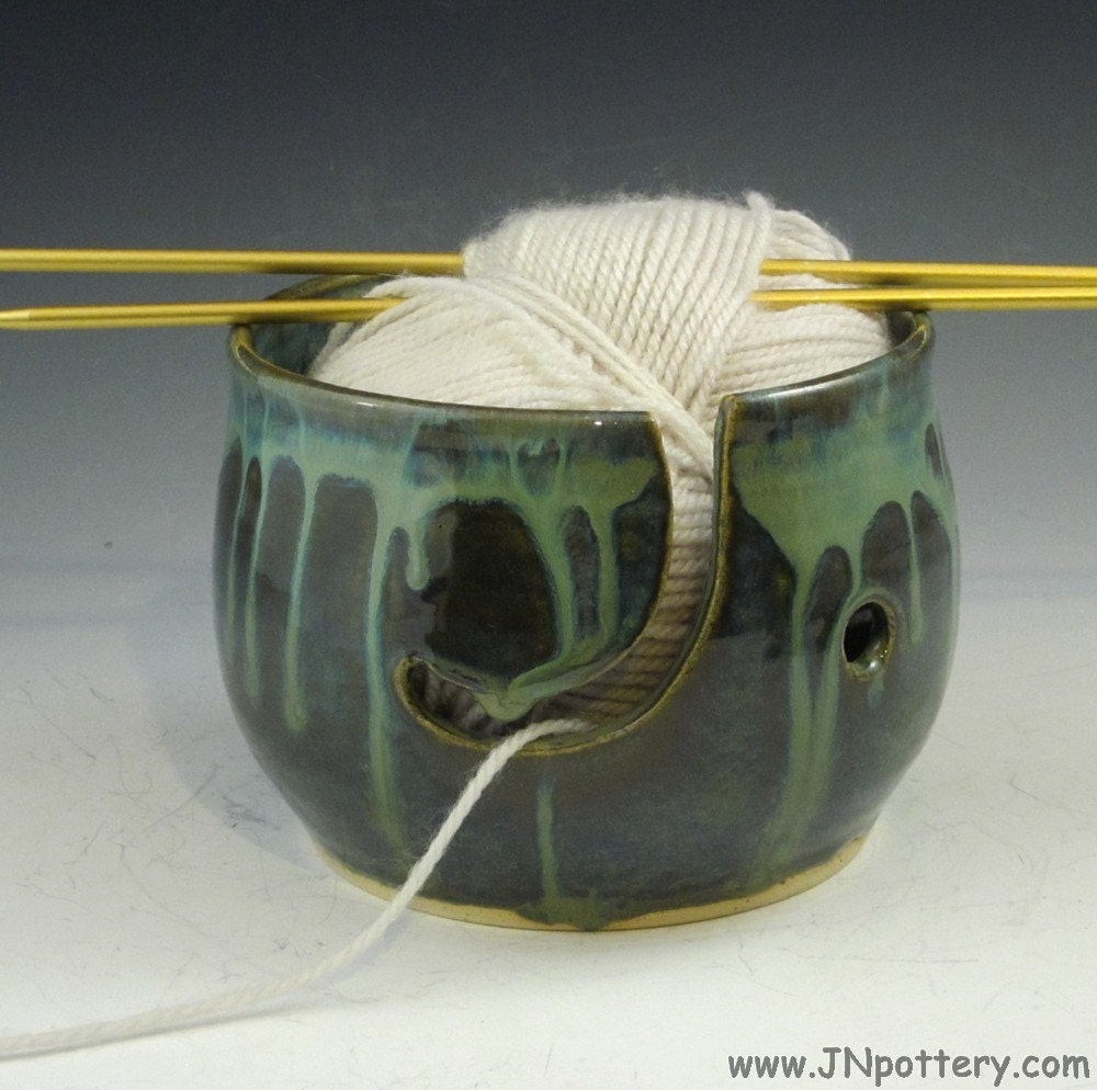 Ceramic Yarn Bowl, Handmade Stoneware Knitting Helper, Muted Greens  v442