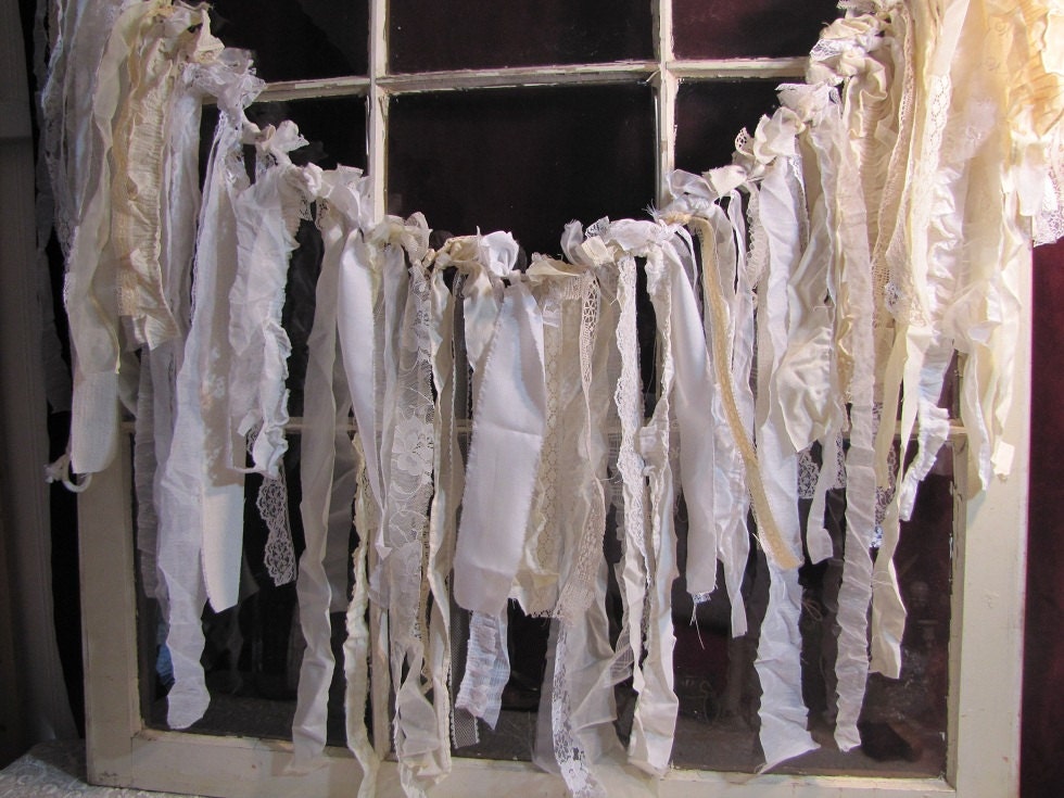 Tattered Fabric Wedding Garland Banner Shabby Chic Farmhouse Vintage Romantic Prairie Rustic Barn