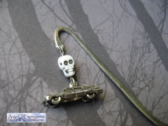 Spooky Ghost Stories Charm Bookmark with Hearse and Skull