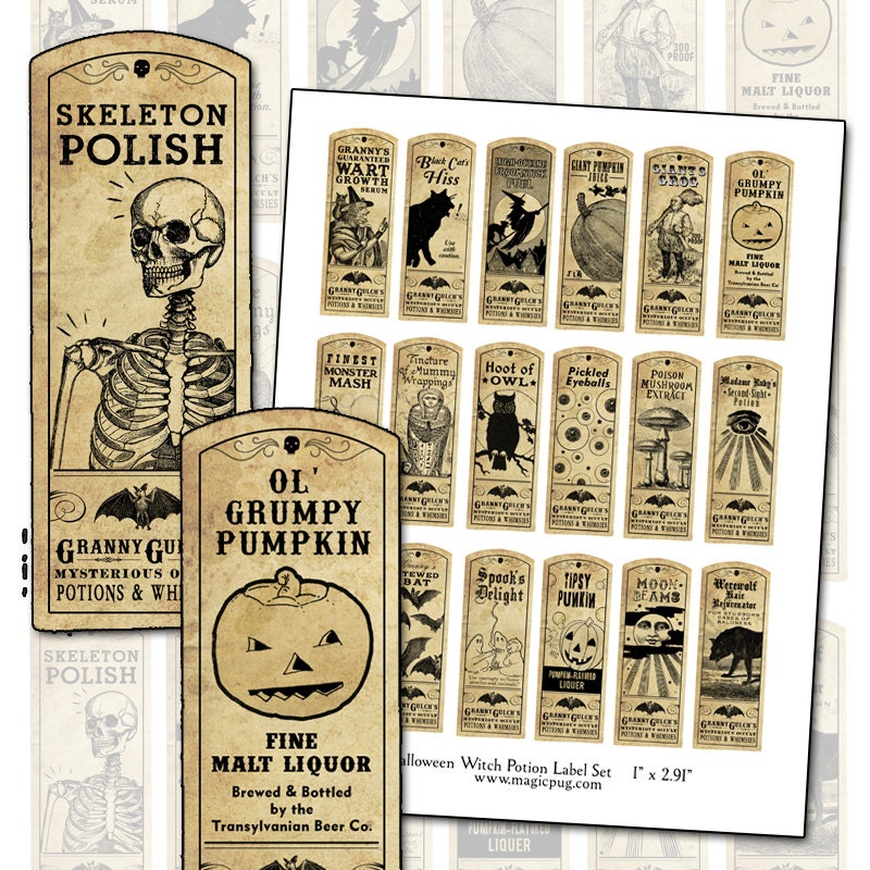Halloween Witch Potion Label digital collage sheet bat cat holiday wicca 1x3 27mm x 73mm labels