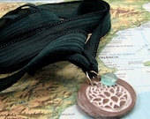Yoga Wrap Bracelet/Necklace with Polymer Clay Lotus Pendant on Dyed Silk Ribbon