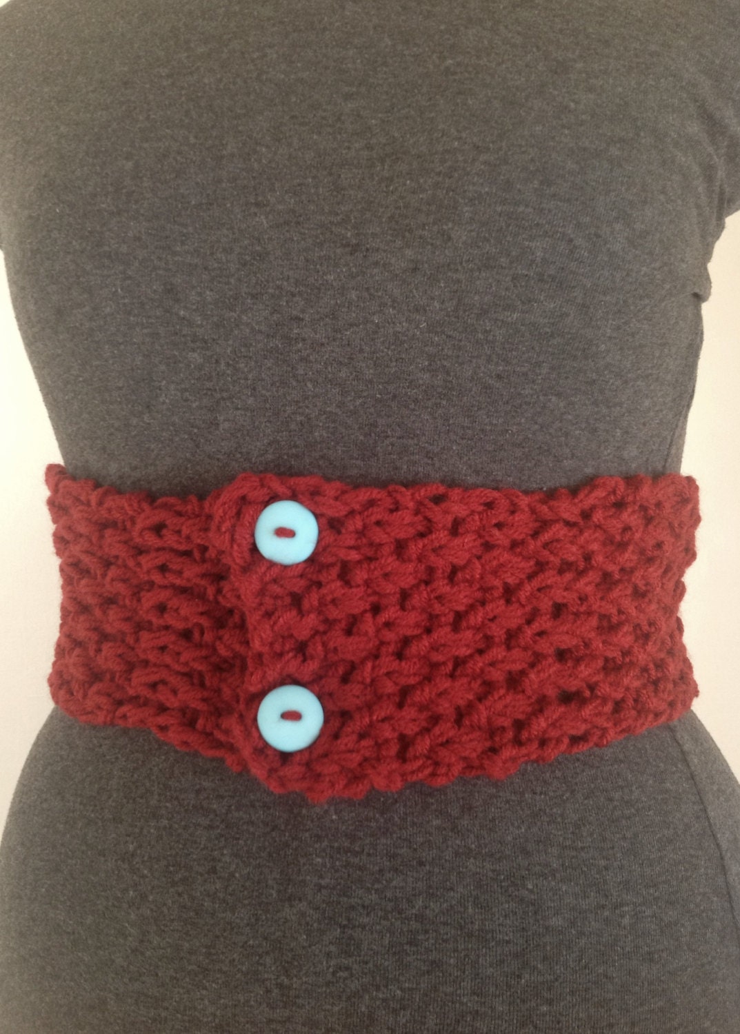 Hand Knit Dark Red Belt / Scarf with Sea Blue Buttons