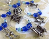 SHABBAT SHALOM 6 pewter wine charms jewish judaica hebrew blue aqua czech crystals